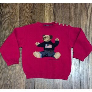 Vtg 90s Ralph Lauren Bear American Flag Crew Neck Sweater Red Cotton Buttons 4T